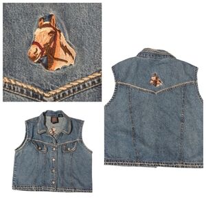 Vintage Gordon & James Western Horse Denim Jean Vest Rodeo Cowboy Embroidered